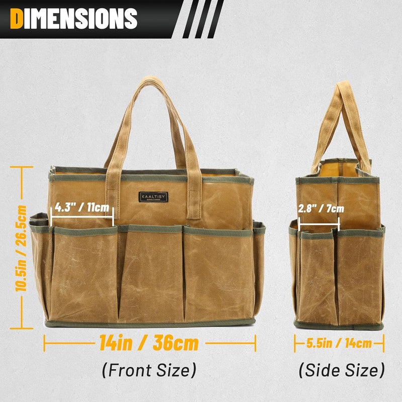 Kaaltisy 16OZ Waxed Canvas Tool Tote Bag | Large-Capacity Tool Storage Tote with 10 External Pockets | Multi-Purpose Garden Tool Carrier for Gardening, Wrench, and Carpentry Tools – Khaki - Image 2